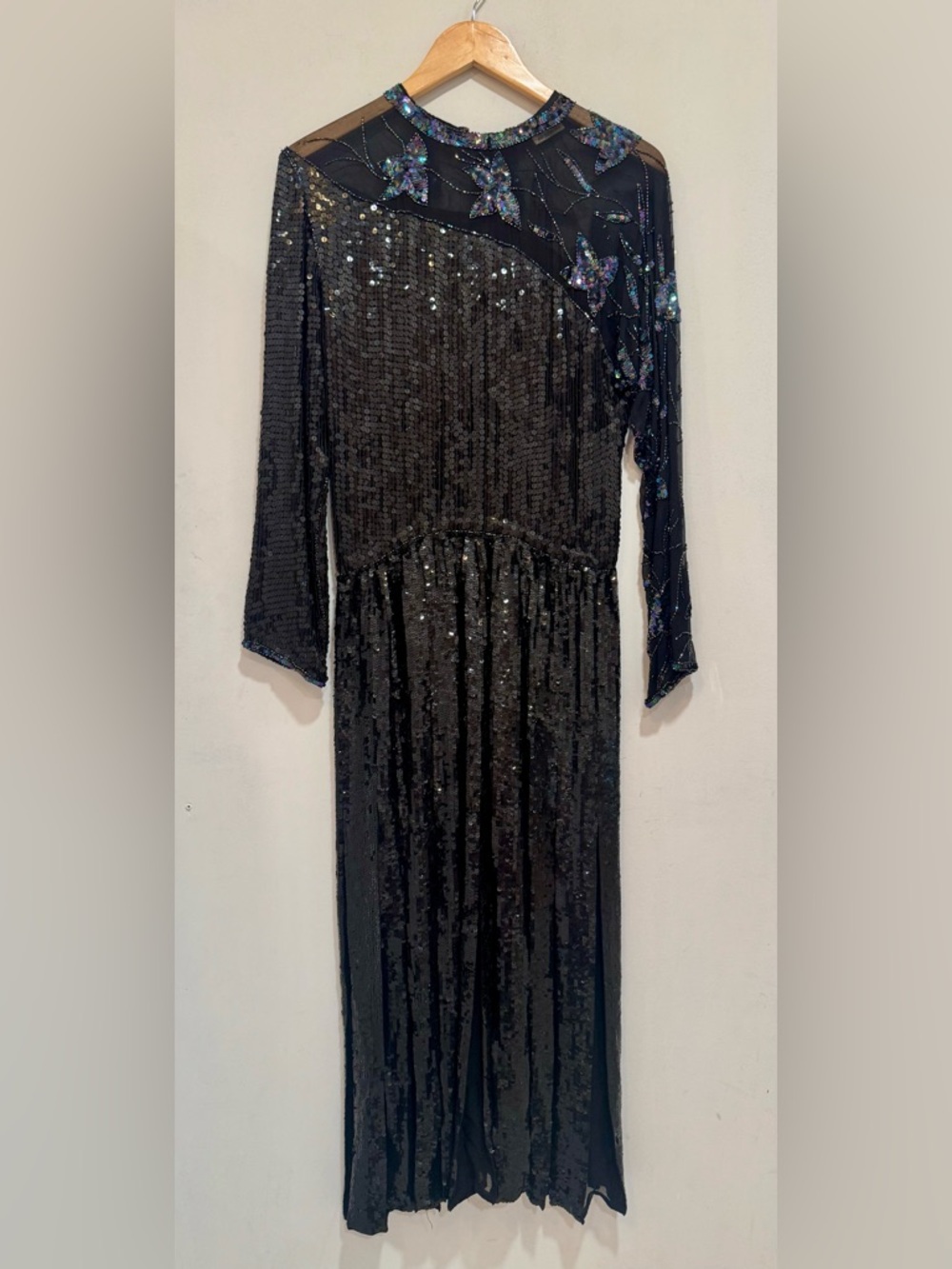 Sweelo Vintage Black Sequin Long Sleeve Evening Dress w/ Sheer Embellished Yoke